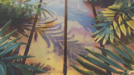A close-up shot of tropical leaves casting shadows on a wooden deck