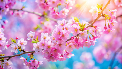 Closeup cherry blossom tree, pink flowers, blue sky