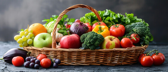 A wicker basket overflowing with fresh fruits and vegetables, including apples, grapes, oranges, tomatoes, broccoli, lettuce, and bell peppers, showcasing vibrant, healthy produce