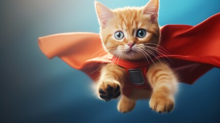 Adorable cat in a superhero cape and mask on a light blue background, the concept of a superhero, super cat, leader, funny animal studio shot.