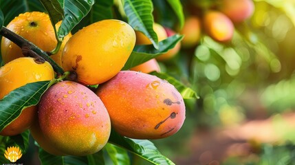 Organic ripe indian mangoes on trees, Exotic tropical summer season Himshagor Alphonso mangoes   