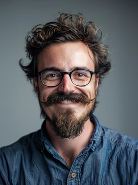 Professor madcap a man in his late thirties is wearing glasses and smiling His eyes show a hint of madness and alertness He has both a mustache and a beard Grey background