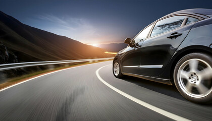 Plack business car on high speed in turn and high-speed highway with motion speed.