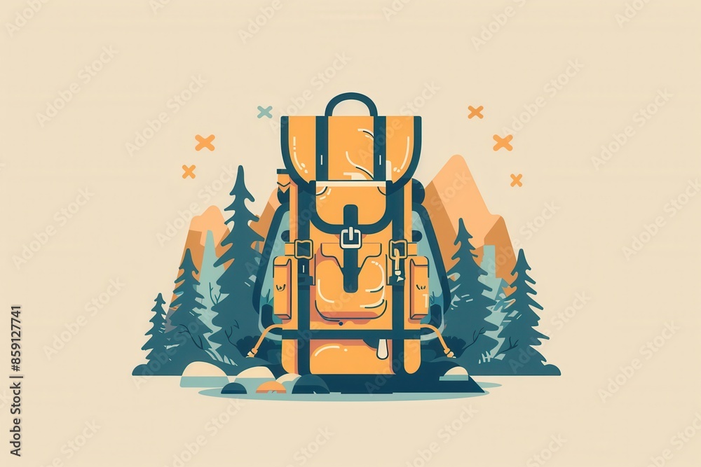Poster a stylized backpack, representing adventure and travel, is featured against a minimalist background 