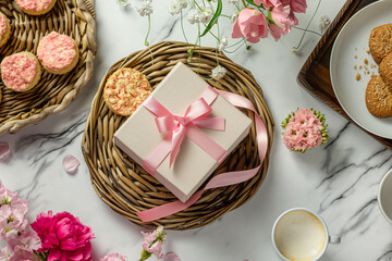 flat lay composition with gift box, coffee cup and cookies on wicker tray over white marble table background