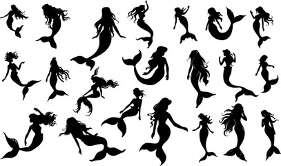 Mermaid Silhouette Clipart collection on white background