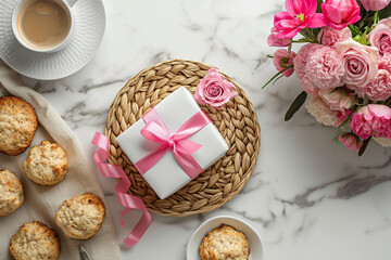 flat lay composition with gift box, coffee cup and cookies on wicker tray over white marble table background
