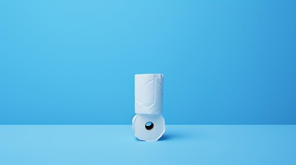 Single toilet paper roll unwound against blue background for hygiene products display