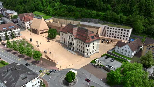 Vaduz City Center Aerial shot at Summer Day, capital of Principality of Liechtenstein, Europe.