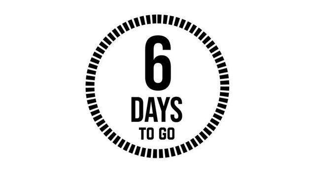 6 days to go, 6 days count 2D animation, motion graphics running numbers counting days, 6 days in a month, six days left, 4K HD video with black text Transparent video alpha channel.