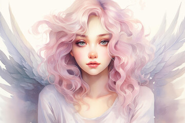 Naklejka premium Adorable watercolor illustration of a young angelic girl with a beautiful face.