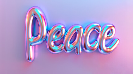3D fluid holographic illustration with peace word with chrome effect on a pink and blue background
