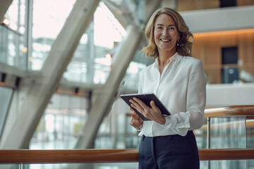 Fototapeta premium Smiling professional woman in modern office holding an iPad in business attire