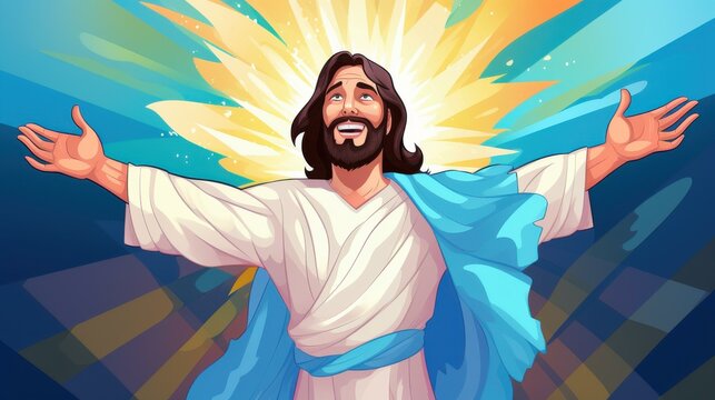 Ascension Day celebration with sky background and Jesus Christ ascending to heaven.