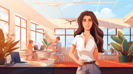 Female customer service agent assisting clients in a modern startup office.