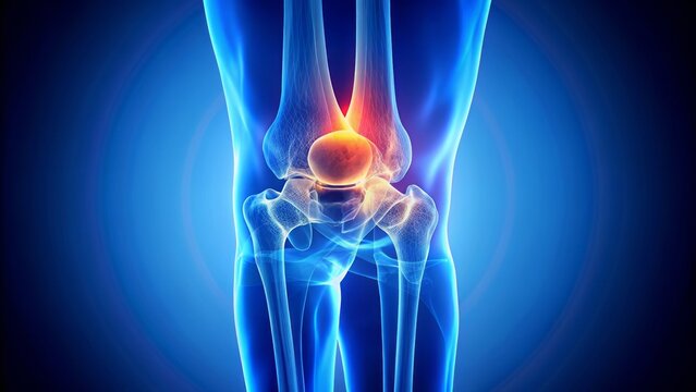 Vibrant blue-tinted 3d x-ray visualizes the intricate anatomy of a human knee joint, highlighting sensitive details of bone density and health.