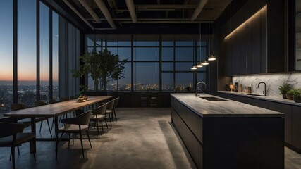 modern office kitchen or pantry with aesthetic dark lighting and night cloud outside that promotes calm and relaxing environment
