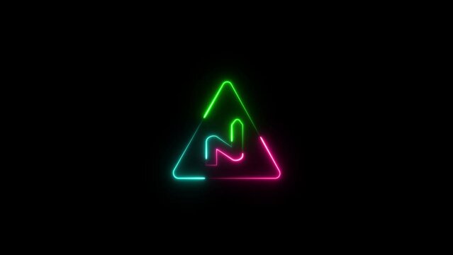 Winding road sign on black background in neon line frame animation. Triangular sign with forest bend road warning near highway road. neon road sign animation.