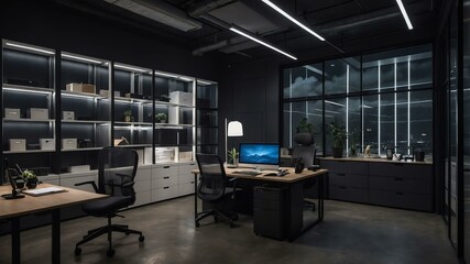modern office storage room with aesthetic dark lighting and night cloud outside that promotes calm and relaxing environment