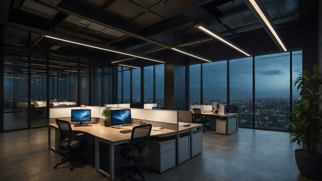 modern open office area with aesthetic dark lighting and night cloud outside that promotes calm and relaxing environment