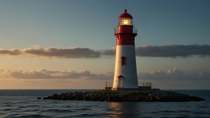 A lighthouse stands tall on the coast, guiding ships with its beacon against the sea backdrop.