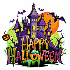 Happy Halloween text with a creepy castle in the background