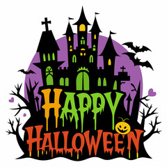 Happy Halloween text with a creepy castle in the background