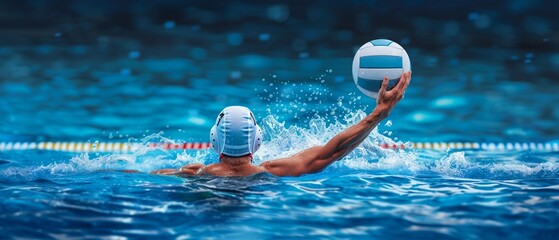 Stylized water polo player in action, ball raised, exaggerated water splash, vibrant indoor lighting, dynamic composition, artistic water effects