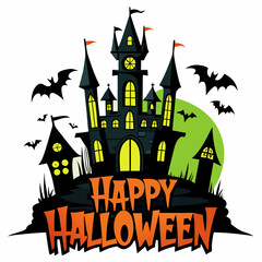 Happy Halloween text with a creepy castle in the background