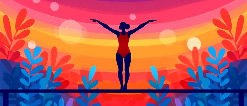art of a gymnast in a red leotard on parallel bars, abstract background elements, bright colors, sharp details, clean lines, dynamic perspective
