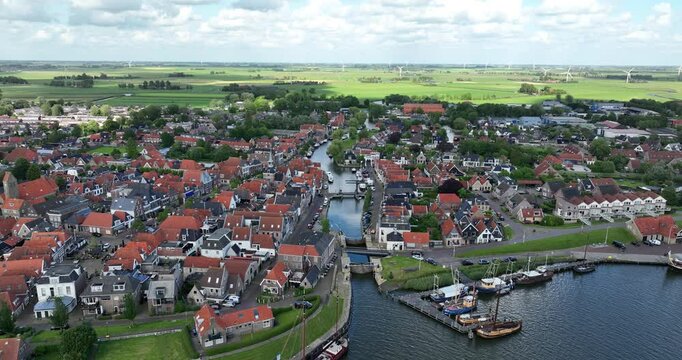 Makkum village in the Dutch province of Friesland located between the Afsluitdijk and Workum on the coast of the IJsselmeer. The Netherlands. Aerial view.