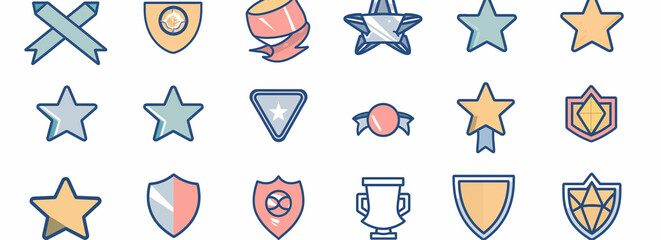 "Outline vector icon set for website about medals and tags. Featuring diamond, ribbon, star badges, medals, and cups on white background."
