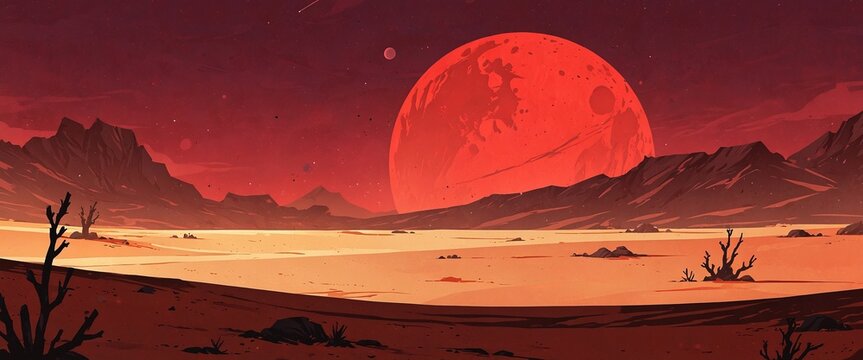 Alien desert with sand dunes and craters under a red sky for game backgrounds 2d style.