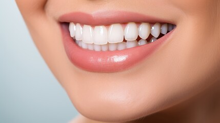 Fototapeta premium Close up of a smiling woman with orthodontic braces, concept of dental care and oral health