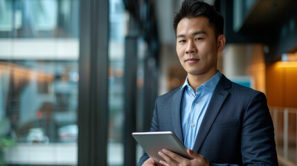Attractive young Chinese businessman using a digital tablet while standing in front of windows in office 