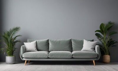 Fototapeta premium Contemporary light grey wall, grey sofa, and green plants in a modern interior design. Natural light from the window creates an empty space for mock-ups.