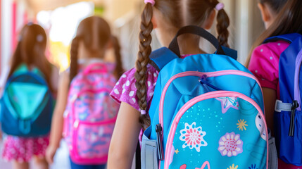 Group of smiling children go to school with schlool bags