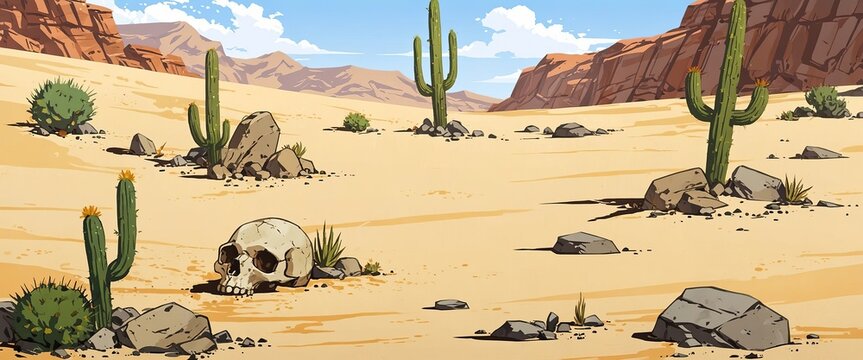 Sand desert landscape with cactuses, stones, and bull skull and bones Modern parallax background ready for 2D animation.