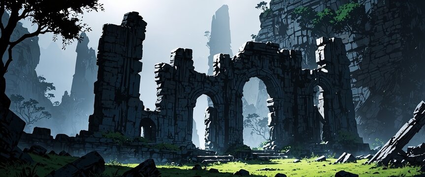 Mysterious Fantasy Ruins in an Ancient Stone Forest with Dramatic Lighting.