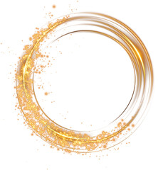 Golden or yellow magical fantasy portal. Round light frame, with fine dust particles, futuristic teleporter. Golden neon lights illuminate night scene with sparkles. Lighting effect. PNG.