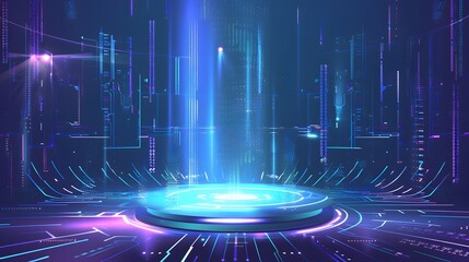 Vector illustrations of Futuristic digital technology stage with glowing blue pedestal podium stage layout for hi tech showcase.Digital tech concept.