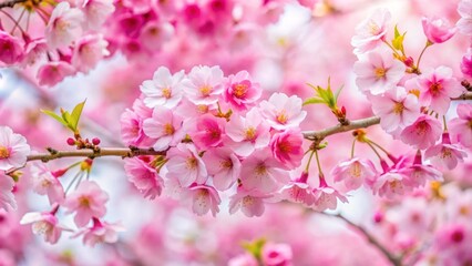 Obraz premium Serene bird's eye view of vibrant pink cherry blossoms unfolding against a pristine white background, symbolizing fleeting beauty and nature's splendor.