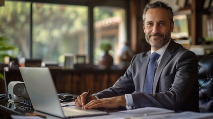 An businessman in a formal suit sitting with laptop at their desk in the office