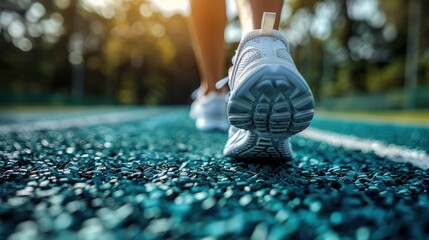 A detailed shot focusing on a runner's shoes as they make contact with a textured blue track field, capturing the essence of movement and athleticism.