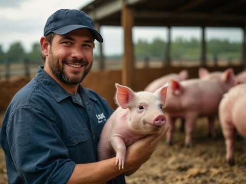 worker holding a pink small pig on a big industrial farm - Powered by Adobe