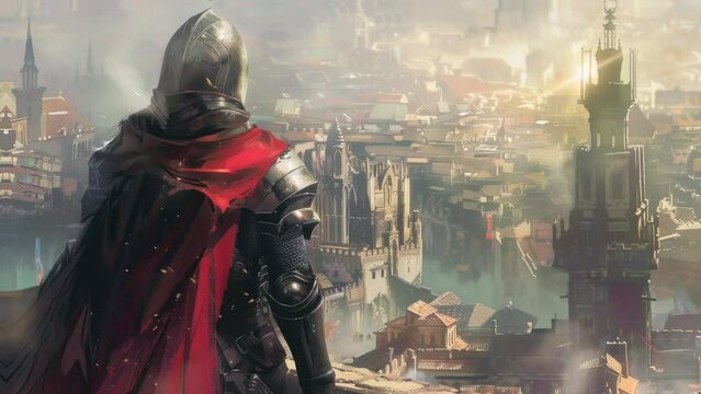 big armor warrior fantasy character looking over a fantastic medieval city landscape, digital art
