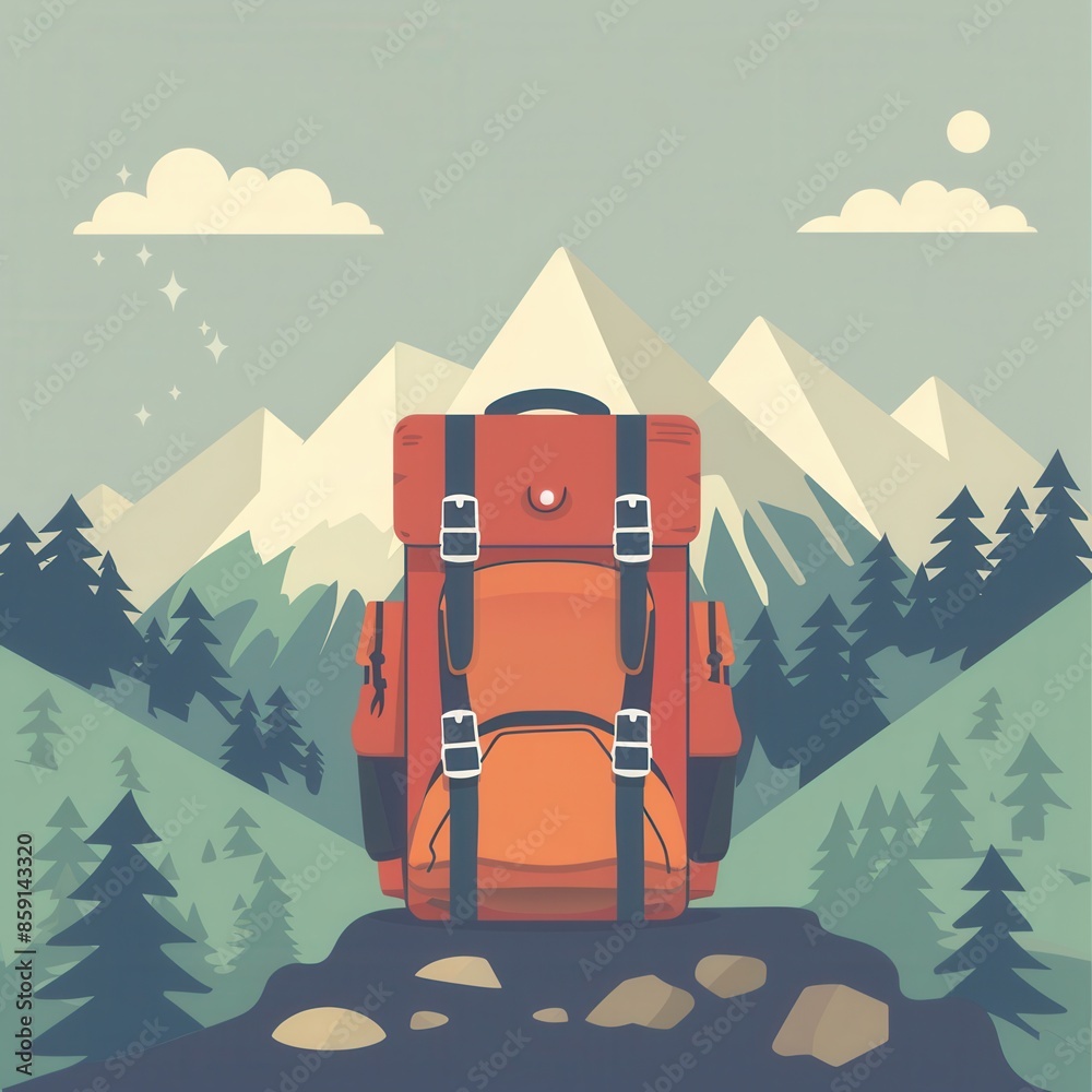Poster a stylized illustration of a red backpack sitting atop a rocky outcropping with a mountain range and