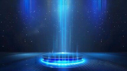 Vector illustrations of Futuristic digital technology stage with glowing blue pedestal podium stage layout for hi tech showcase.Digital tech concept.