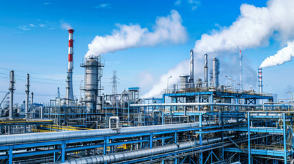 Obraz premium A manufacturing plant with smokestacks, pipelines, and large industrial structures,