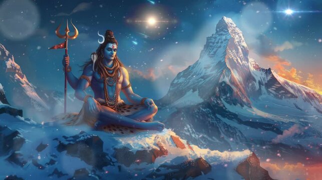 Lord Shiva is meditating on a mountain. Virtual 4K video animation background with looping time lapse with very smooth graphics.
